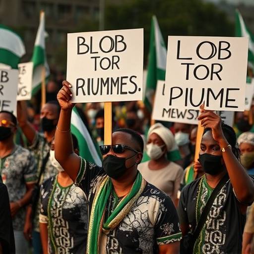 Manifestanti nigeriani che protestano con cartelli durante una manifestazione elettorale.
