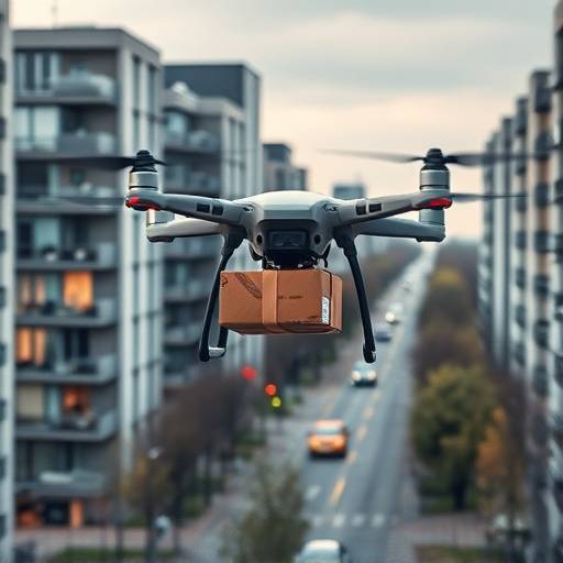 Un drone che consegna un pacco in un quartiere residenziale di Milano