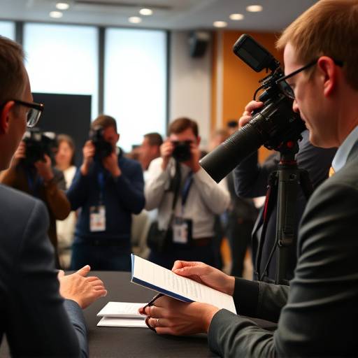 Un'immagine di una conferenza stampa con diversi giornalisti che prendono appunti