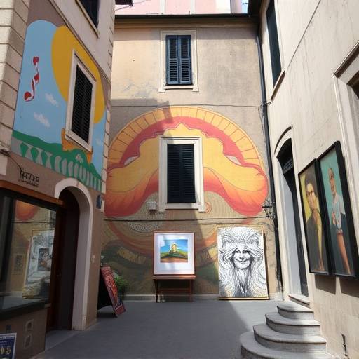 Una vista del 'Quartiere delle Arti' con murales colorati e gallerie d'arte.